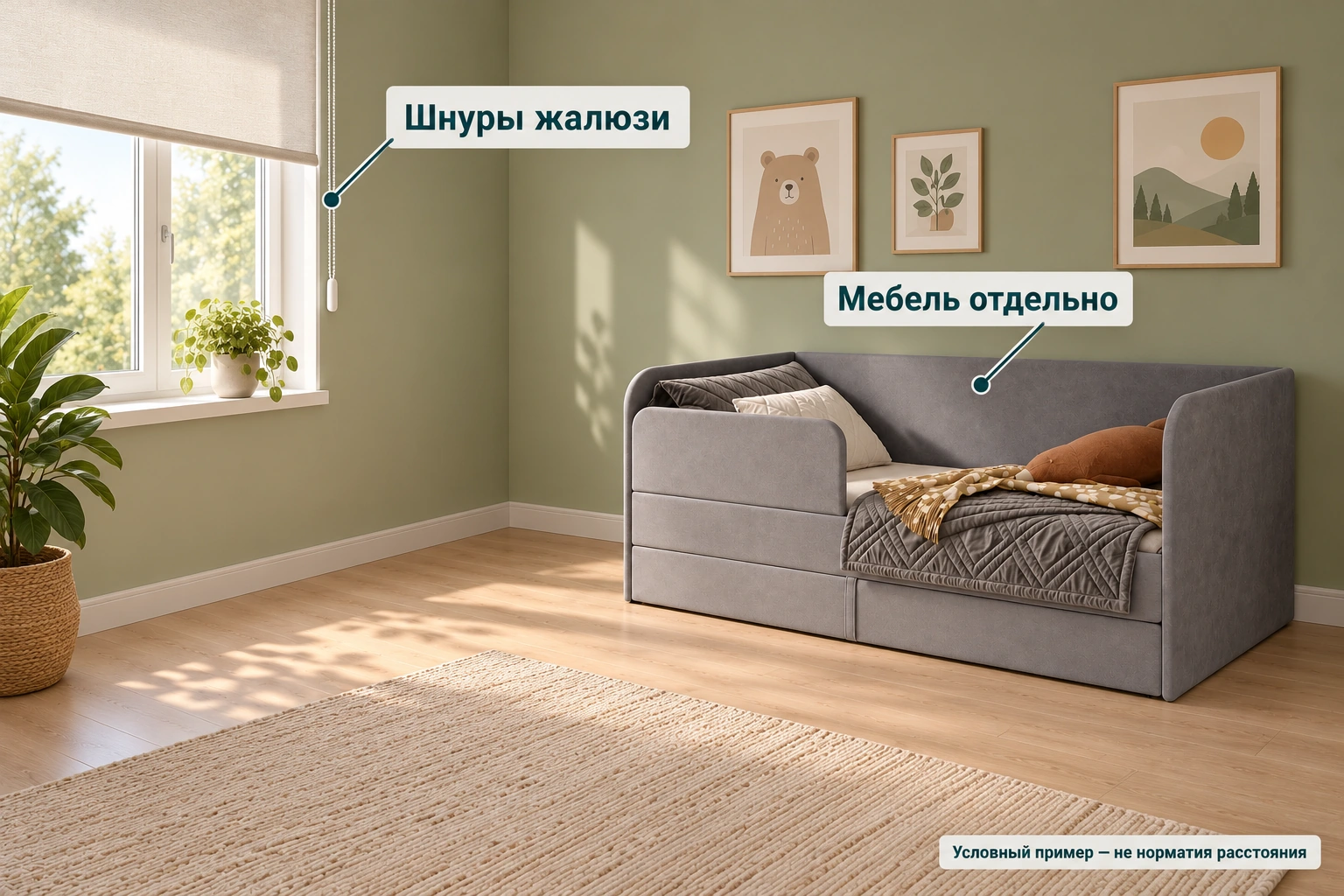 Визуализация серой Lucky отдельно от окна с жалюзи: положение мебели и шнуров показано для проверки доступа