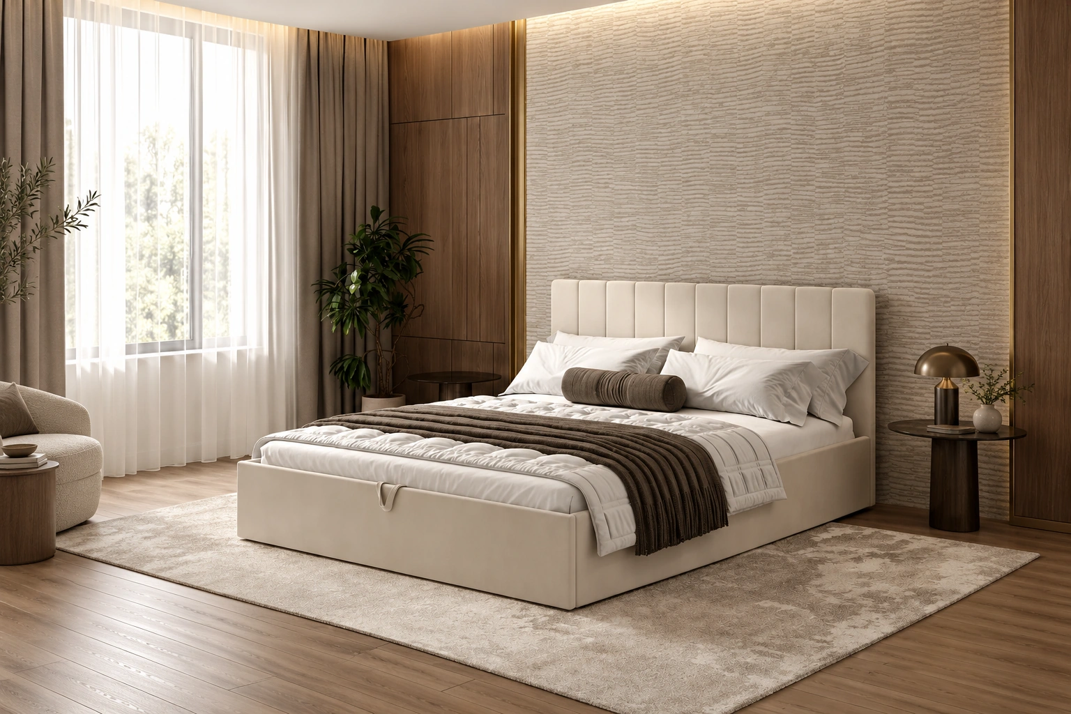 Бежевая Willow 160×200 с прямым секционным изголовьем — AI-визуализация