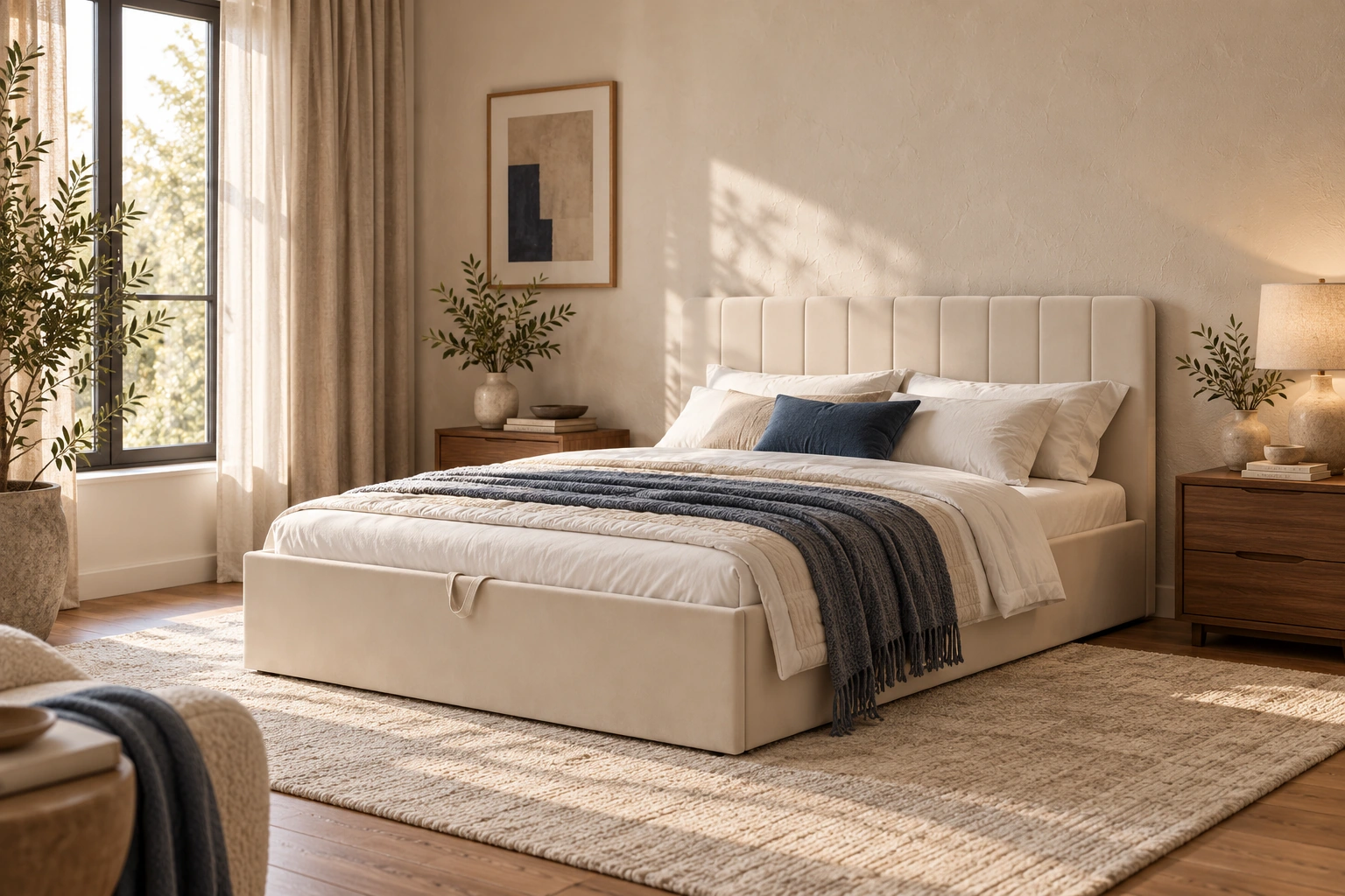 Бежевая Willow 140×200 с прямым вертикально прошитым изголовьем — горизонтальная AI-визуализация
