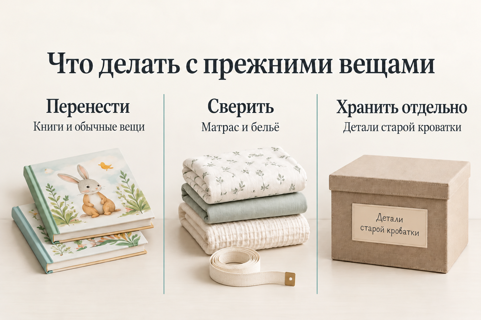 Ревизия перед заменой кроватки: перенести книги, сверить матрас и бельё, отдельно хранить старые детали